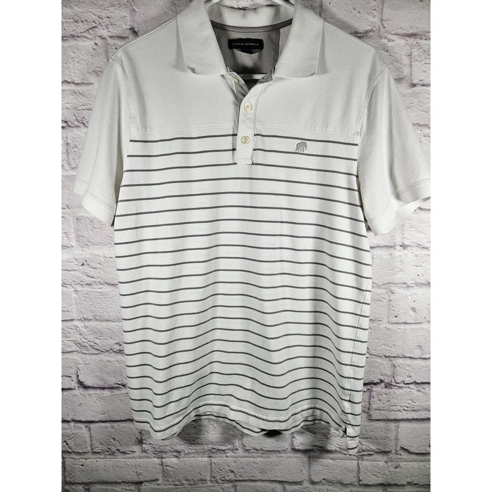 Banana Republic Men's Short Sleeve Polo Shirt White Gray Logo Cotton Blend Large